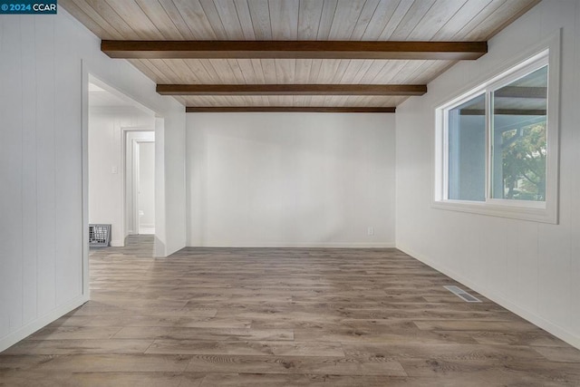 empty room with beam ceiling, hardwood / wood-style floors, and wooden ceiling