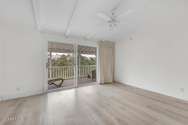 spare room featuring lofted ceiling with beams, light hardwood / wood-style floors, and ceiling fan