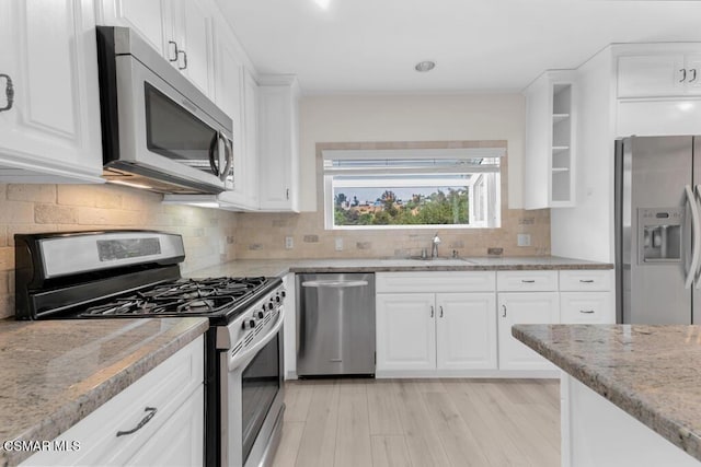 kitchen with tasteful backsplash, white cabinetry, sink, stainless steel appliances, and light wood-type flooring