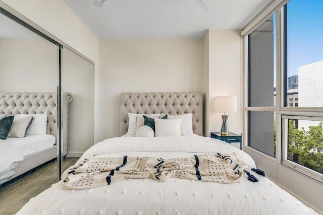 bedroom with wood-type flooring and a closet