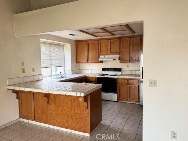 kitchen featuring kitchen peninsula, light tile patterned floors, tile countertops, and electric stove