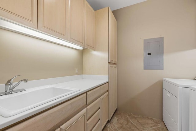 laundry room featuring cabinets, washer / dryer, sink, and electric panel