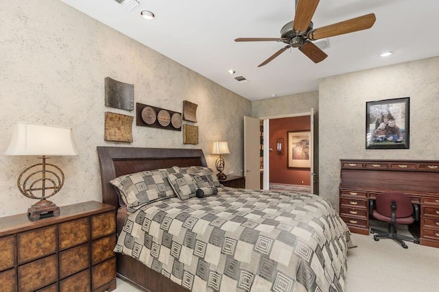 carpeted bedroom with ceiling fan