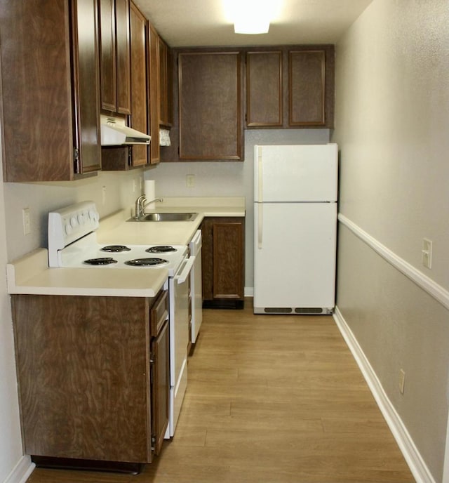 kitchen featuring dark brown cabinetry, white appliances, sink, and light hardwood / wood-style flooring