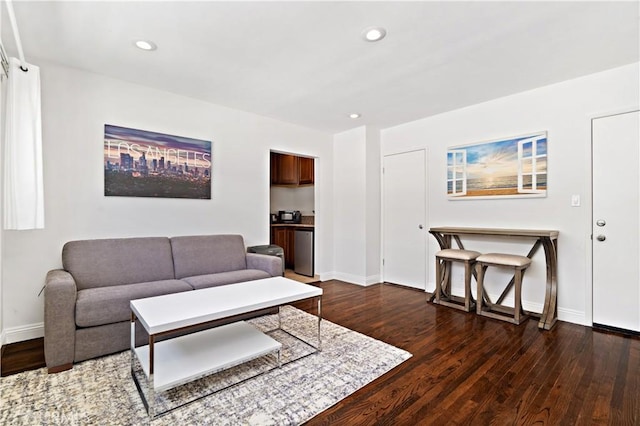 living room featuring dark wood-type flooring