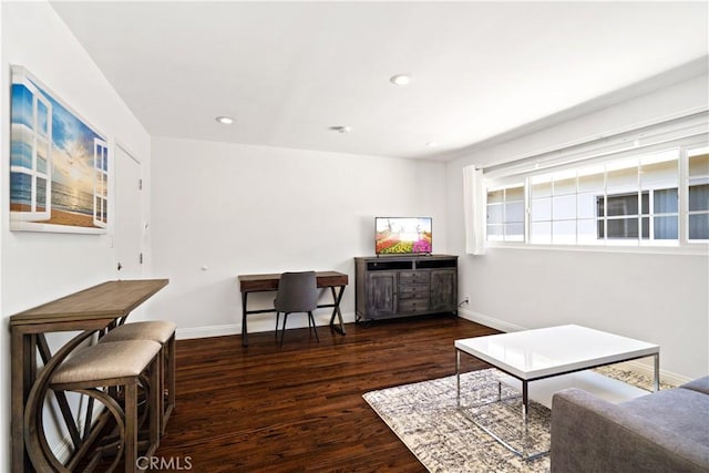 living room with dark hardwood / wood-style flooring