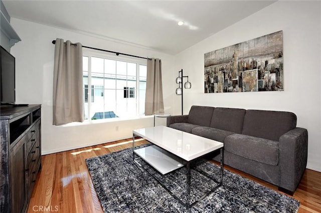 living room with hardwood / wood-style floors and vaulted ceiling