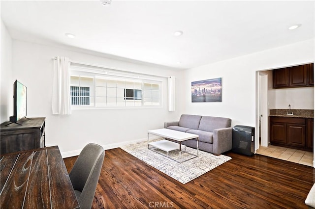 living room featuring sink and hardwood / wood-style floors