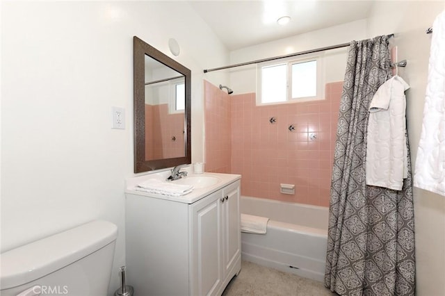 full bathroom with vanity, toilet, shower / bath combination with curtain, and tile patterned flooring