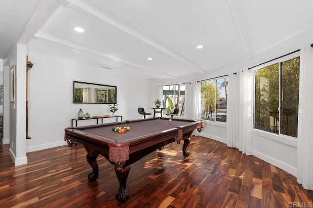 playroom with beam ceiling, billiards, and dark hardwood / wood-style flooring