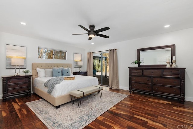 bedroom with ceiling fan, access to exterior, and dark hardwood / wood-style floors