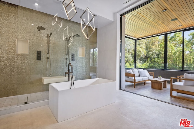 bathroom with floor to ceiling windows, a healthy amount of sunlight, and plus walk in shower