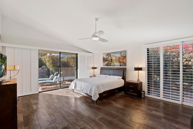 bedroom featuring access to outside, lofted ceiling, ceiling fan, and dark hardwood / wood-style floors