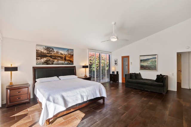 bedroom featuring access to exterior, ceiling fan, dark hardwood / wood-style flooring, and vaulted ceiling