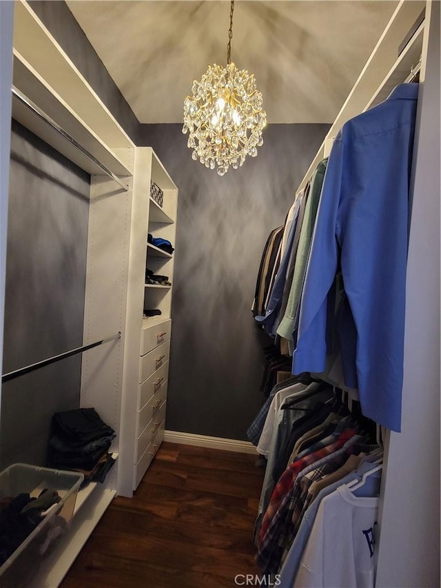 walk in closet with a chandelier and dark hardwood / wood-style floors