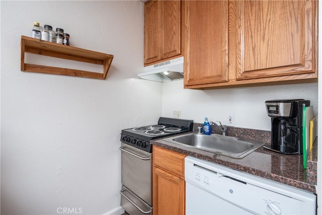 7540 Henness Cir Unit B101, Yosemite, CA 95389 - kitchen featuring under cabinet range hood, white dishwasher, stainless steel electric range, a sink, and dark countertops