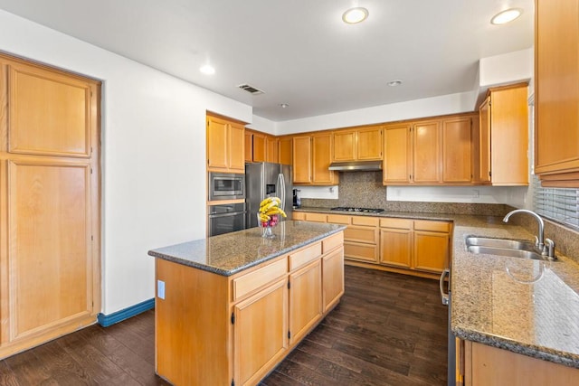 kitchen with appliances with stainless steel finishes, a center island, dark wood-type flooring, and sink