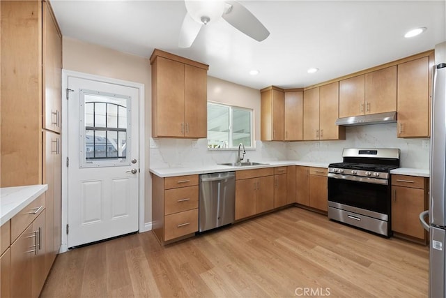 kitchen with sink, ceiling fan, decorative backsplash, light hardwood / wood-style floors, and stainless steel appliances