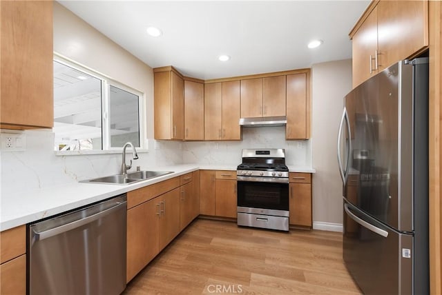 kitchen with light wood-type flooring, stainless steel appliances, backsplash, and sink