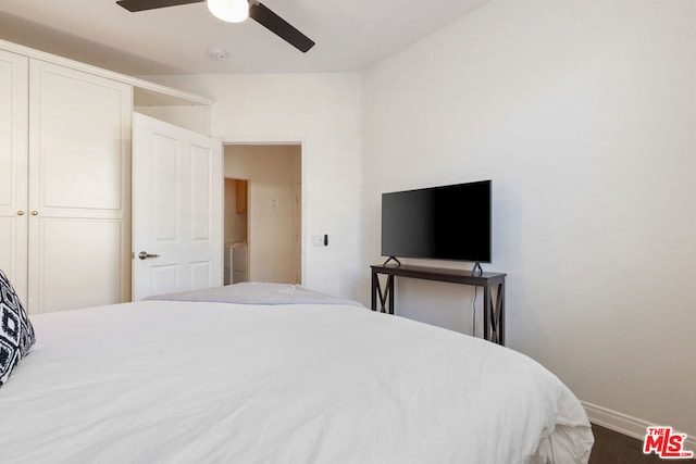 bedroom featuring ceiling fan and wood-type flooring