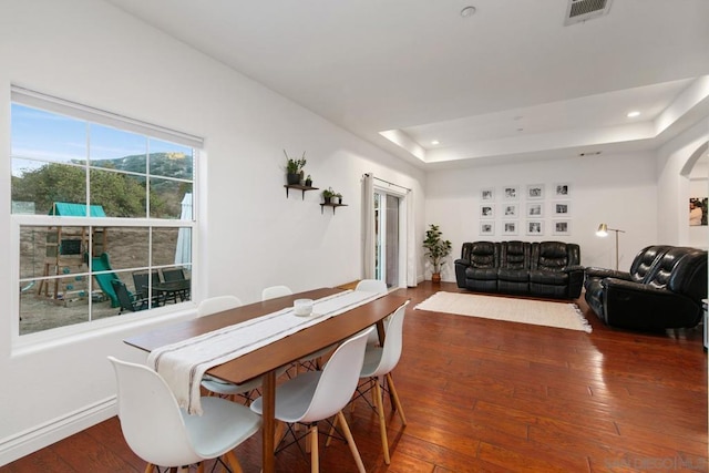 dining room featuring a raised ceiling and dark hardwood / wood-style flooring