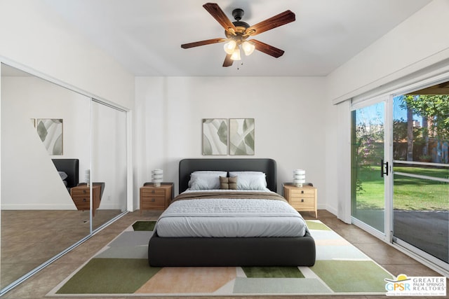 bedroom with ceiling fan, a closet, and access to outside