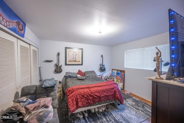 bedroom with wood-type flooring and a closet