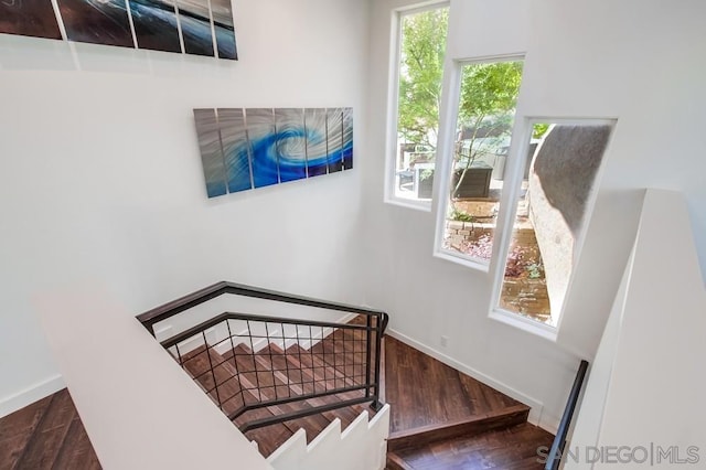 staircase with hardwood / wood-style flooring and plenty of natural light