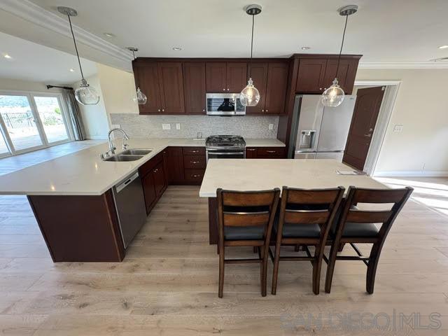 kitchen featuring kitchen peninsula, light wood-type flooring, stainless steel appliances, sink, and hanging light fixtures