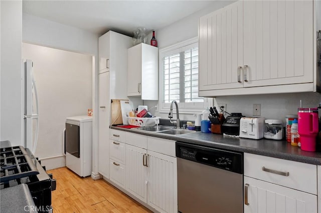 kitchen with white cabinetry, dishwasher, sink, washer / clothes dryer, and light hardwood / wood-style floors