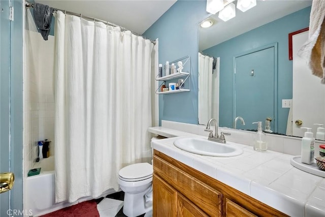 full bathroom featuring toilet, vanity, and shower / tub combo with curtain