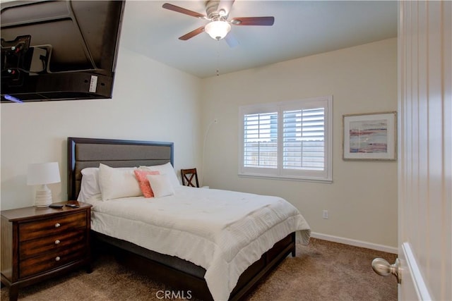 bedroom with baseboards, a ceiling fan, and light colored carpet