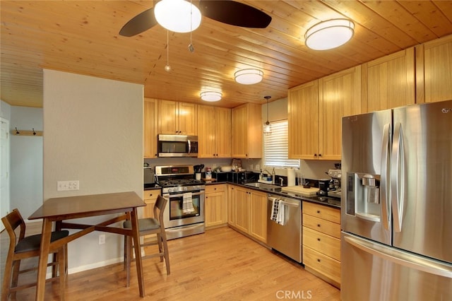 kitchen featuring decorative light fixtures, sink, light hardwood / wood-style flooring, stainless steel appliances, and wooden ceiling