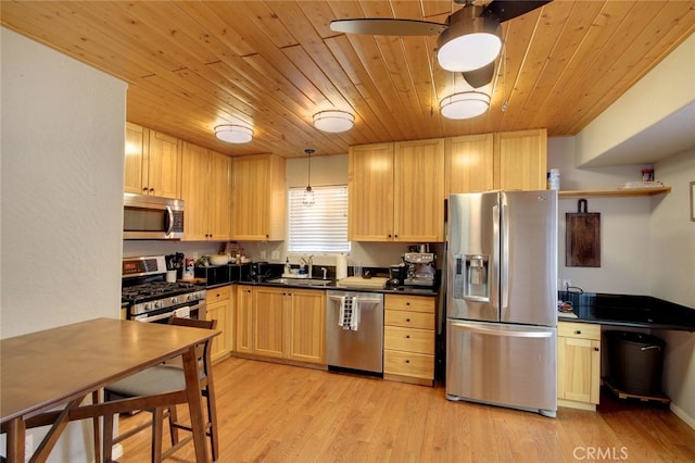 kitchen with appliances with stainless steel finishes, wood ceiling, hanging light fixtures, and sink