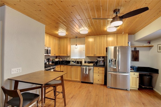 kitchen featuring appliances with stainless steel finishes, wood ceiling, decorative light fixtures, light wood-type flooring, and ceiling fan