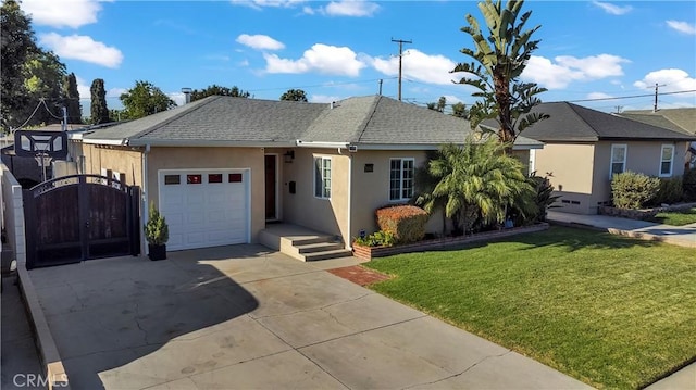 single story home featuring a front yard and a garage