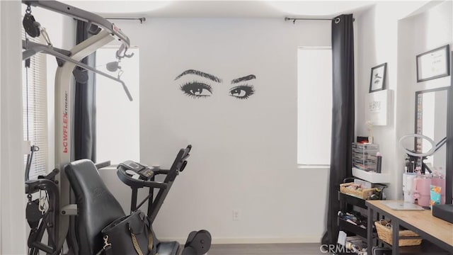 workout room with hardwood / wood-style floors