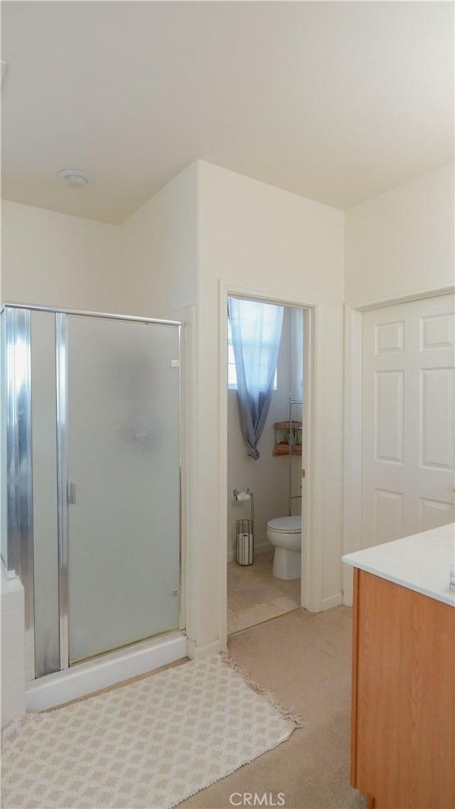 bathroom with vanity, toilet, and an enclosed shower