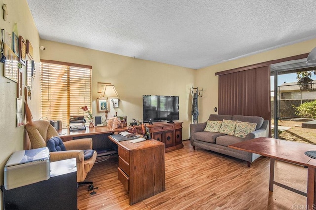 living area featuring a textured ceiling and wood finished floors