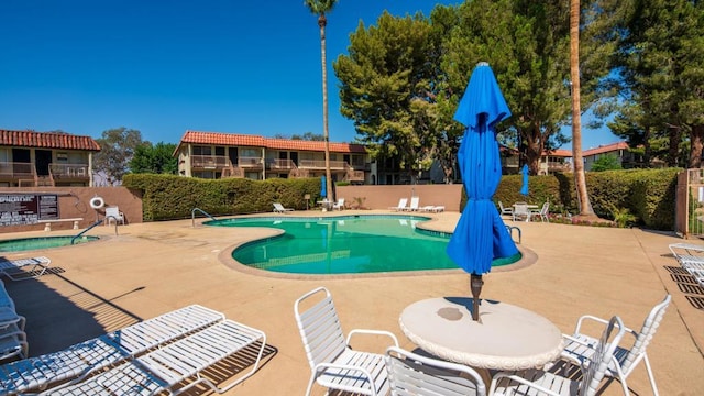 view of swimming pool featuring a patio area