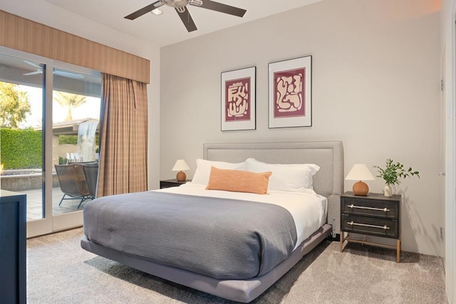 bedroom featuring access to exterior, carpet floors, and ceiling fan