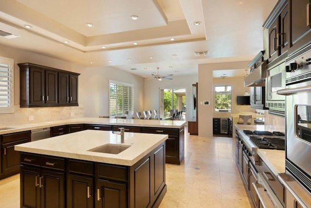 kitchen with ceiling fan, plenty of natural light, an island with sink, and sink