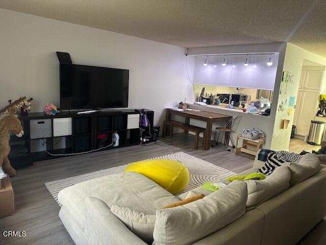 living room with a textured ceiling, hardwood / wood-style flooring, and track lighting