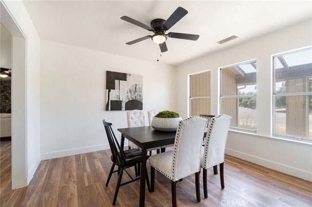 dining room featuring ceiling fan and wood-type flooring