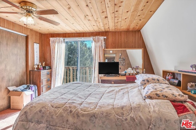 bedroom with carpet, access to outside, vaulted ceiling, ceiling fan, and wooden ceiling