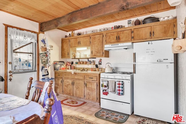 kitchen featuring beam ceiling, white appliances, and wooden ceiling