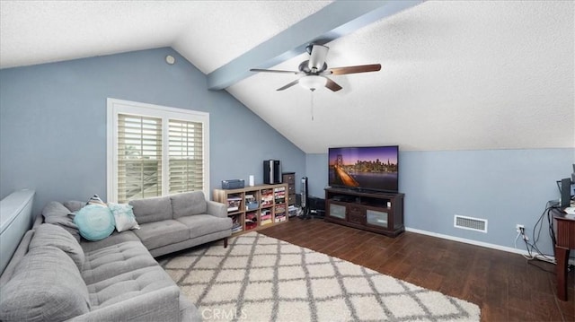 living room with a textured ceiling, ceiling fan, wood-type flooring, and vaulted ceiling