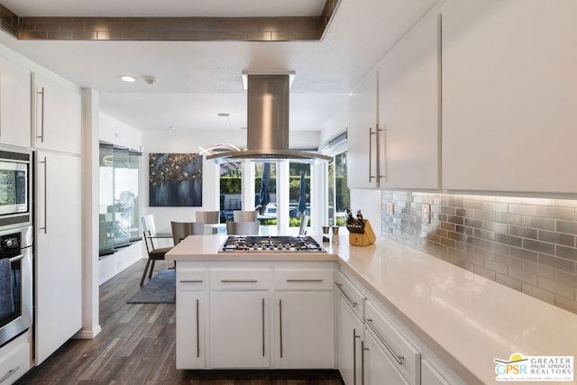 kitchen featuring dark wood-type flooring, white cabinets, appliances with stainless steel finishes, island range hood, and kitchen peninsula