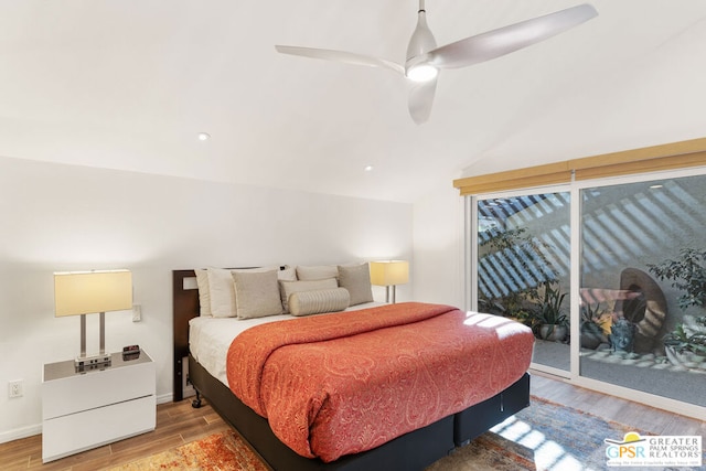 bedroom with lofted ceiling, access to outside, ceiling fan, and hardwood / wood-style flooring