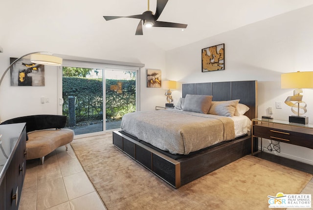 bedroom with ceiling fan, light tile patterned floors, access to outside, and lofted ceiling